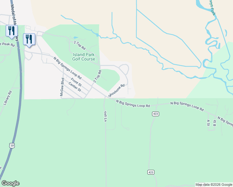 map of restaurants, bars, coffee shops, grocery stores, and more near 4200-4222 Shoshone Road in Island Park