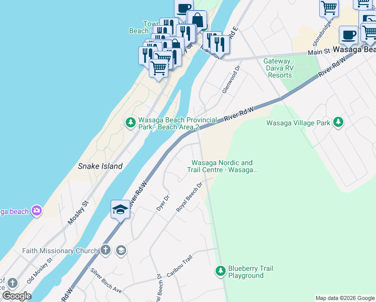 map of restaurants, bars, coffee shops, grocery stores, and more near 6 Donald Crescent in Wasaga Beach