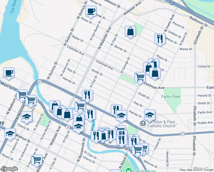 map of restaurants, bars, coffee shops, grocery stores, and more near 1155 Day Street in Green Bay