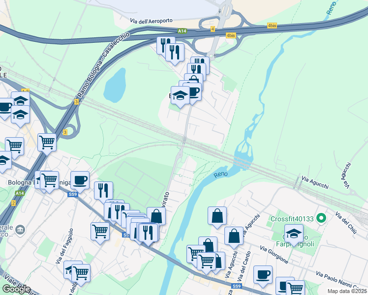 map of restaurants, bars, coffee shops, grocery stores, and more near 403 Via del Triumvirato in Bologna