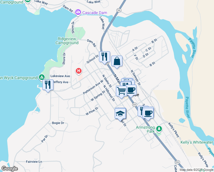 map of restaurants, bars, coffee shops, grocery stores, and more near 306 North School Street in Cascade