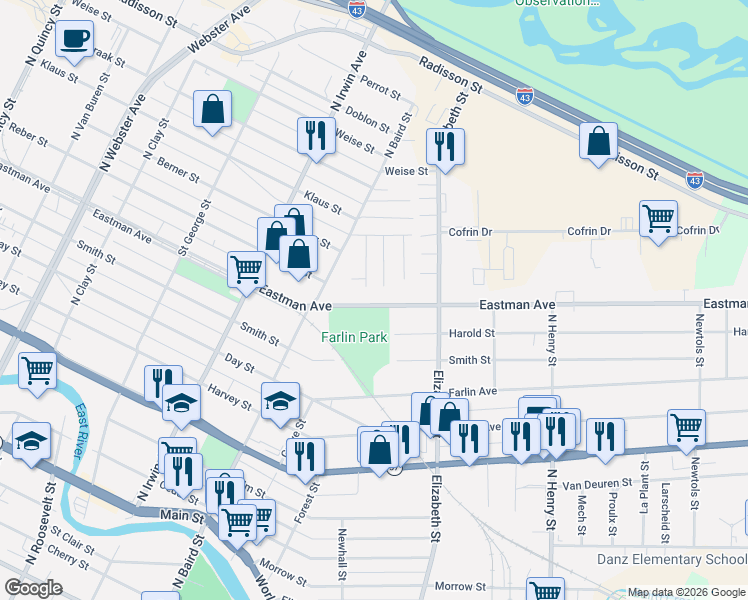 map of restaurants, bars, coffee shops, grocery stores, and more near 1501 Eastman Avenue in Green Bay