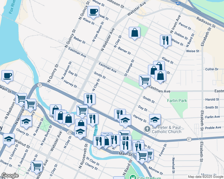 map of restaurants, bars, coffee shops, grocery stores, and more near 1155 Day Street in Green Bay