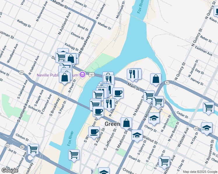 map of restaurants, bars, coffee shops, grocery stores, and more near 335 North Washington Street in Green Bay