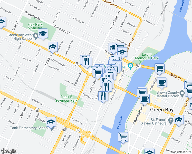 map of restaurants, bars, coffee shops, grocery stores, and more near 108 South Maple Avenue in Green Bay