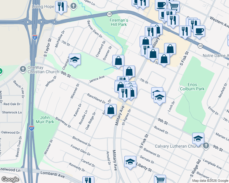 map of restaurants, bars, coffee shops, grocery stores, and more near 1616 9th Street in Green Bay