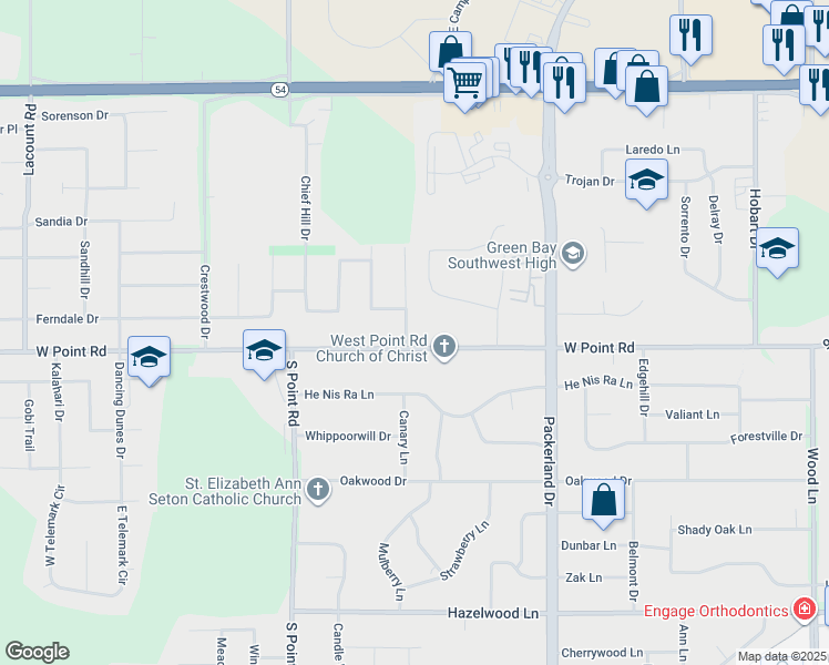 map of restaurants, bars, coffee shops, grocery stores, and more near 2690 West Point Road in Green Bay