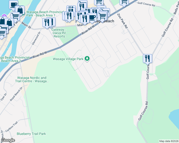map of restaurants, bars, coffee shops, grocery stores, and more near 19 Grand Poplar Lane in Wasaga Beach