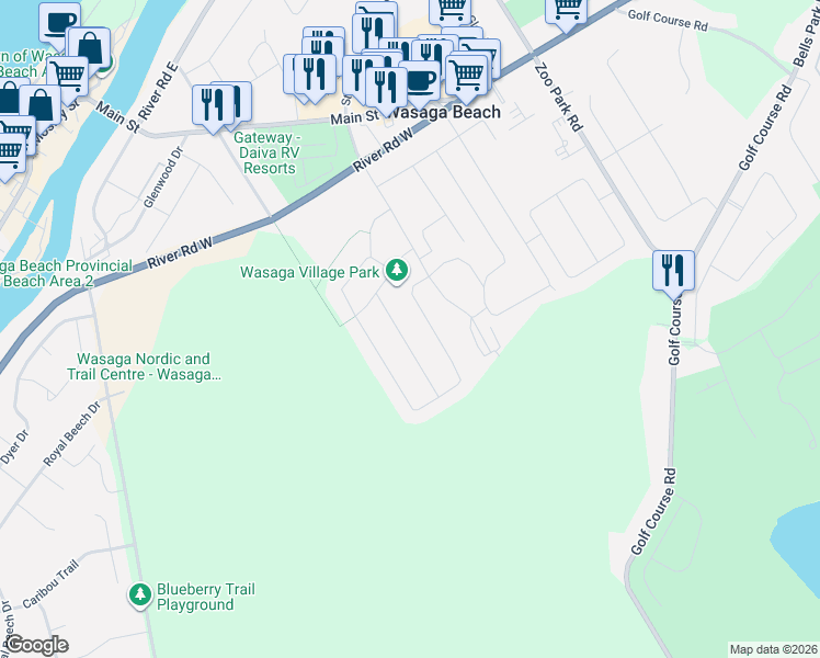 map of restaurants, bars, coffee shops, grocery stores, and more near 21 Grand Poplar Lane in Wasaga Beach
