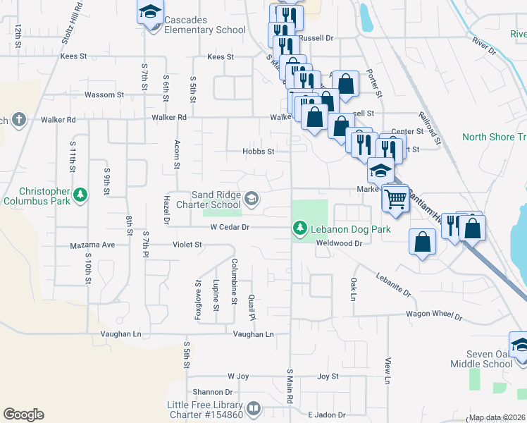 map of restaurants, bars, coffee shops, grocery stores, and more near 68 Sand Ridge Court in Lebanon