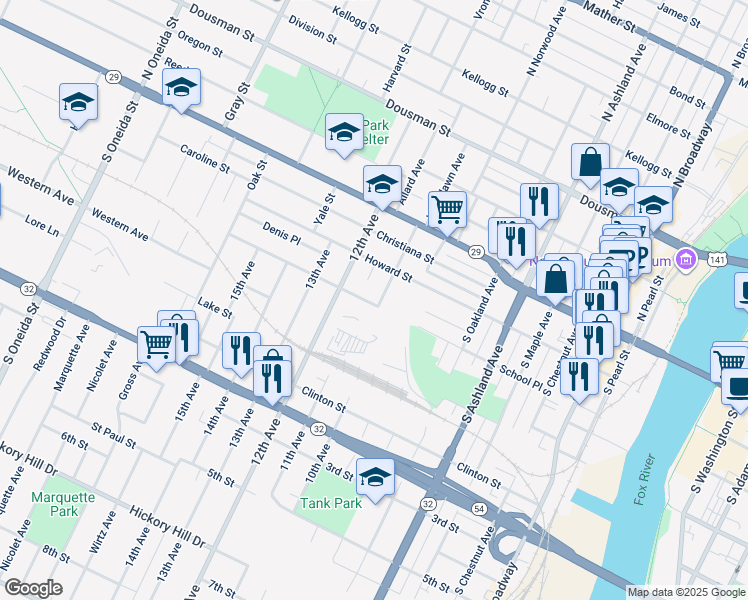 map of restaurants, bars, coffee shops, grocery stores, and more near 226 Hazel Street in Green Bay