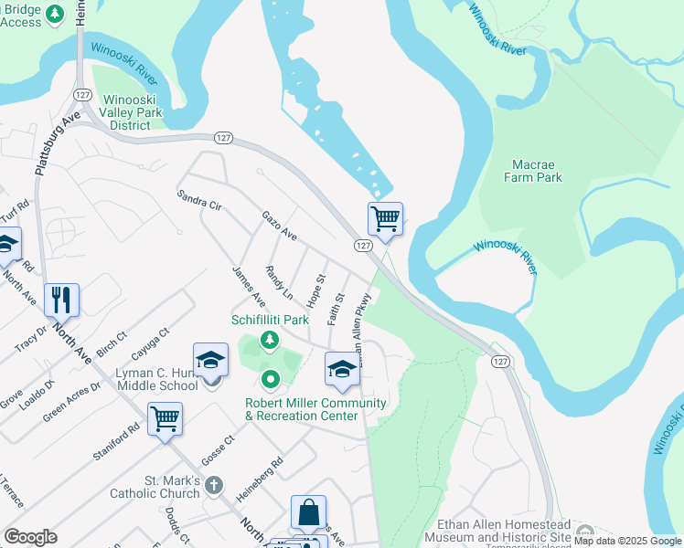 map of restaurants, bars, coffee shops, grocery stores, and more near 75 Faith Street in Burlington