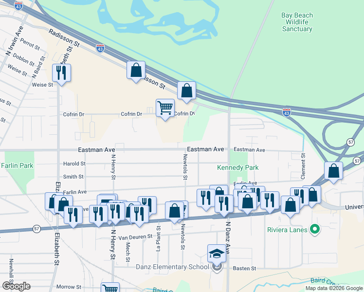 map of restaurants, bars, coffee shops, grocery stores, and more near 2006 Eastman Avenue in Green Bay