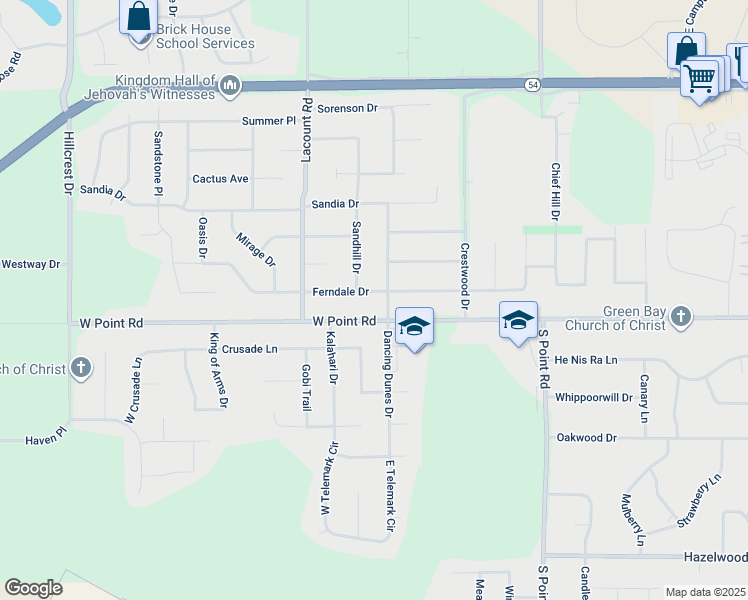 map of restaurants, bars, coffee shops, grocery stores, and more near 1435 Dancing Dunes Drive in Green Bay