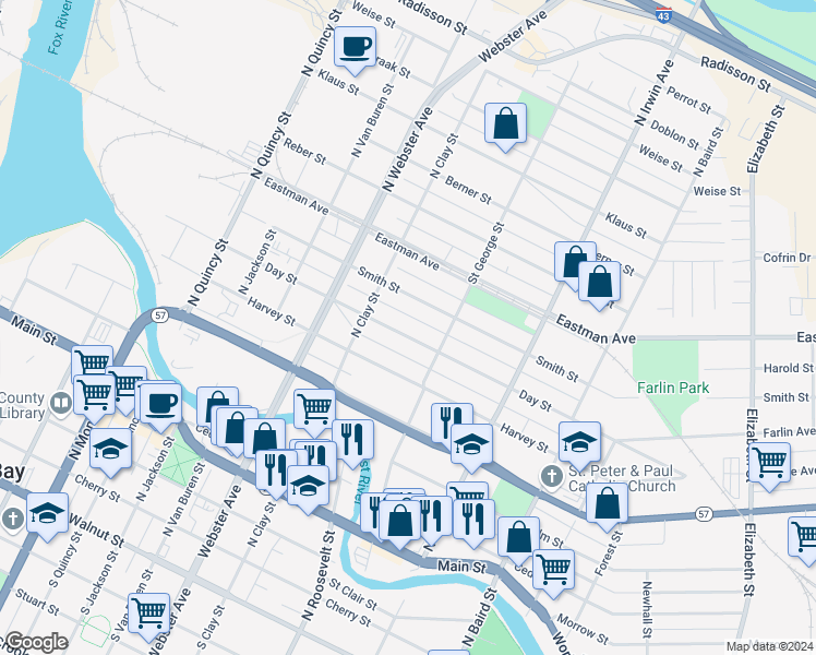 map of restaurants, bars, coffee shops, grocery stores, and more near 1145 Day Street in Green Bay