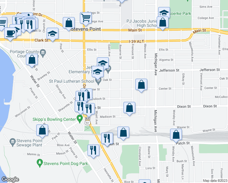 map of restaurants, bars, coffee shops, grocery stores, and more near 2019 Center Street in Stevens Point