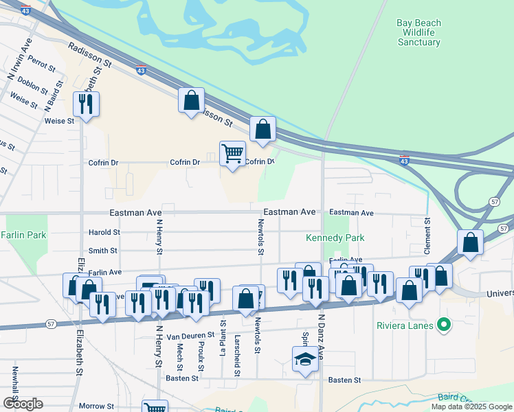 map of restaurants, bars, coffee shops, grocery stores, and more near 2006 Eastman Avenue in Green Bay
