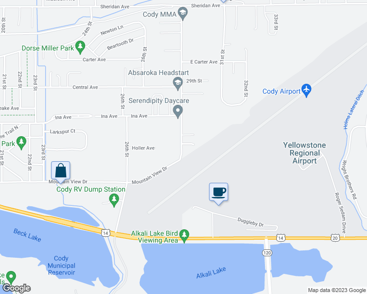 map of restaurants, bars, coffee shops, grocery stores, and more near 2900 Marlisa Lane in Cody