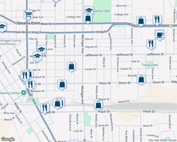 map of restaurants, bars, coffee shops, grocery stores, and more near 2425 Center Street in Stevens Point