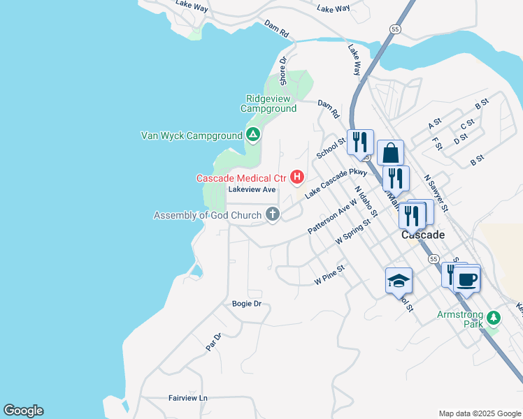 map of restaurants, bars, coffee shops, grocery stores, and more near 508 Lake Cascade Parkway in Cascade