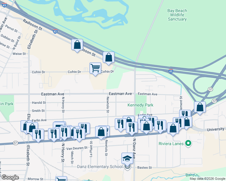 map of restaurants, bars, coffee shops, grocery stores, and more near 2035 Eastman Avenue in Green Bay