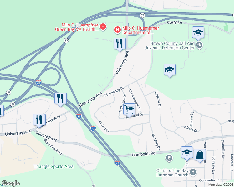 map of restaurants, bars, coffee shops, grocery stores, and more near 2517 Saint Ann Drive in Green Bay