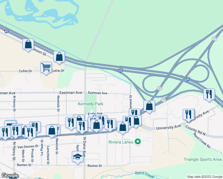 map of restaurants, bars, coffee shops, grocery stores, and more near 2311 Eastman Avenue in Green Bay