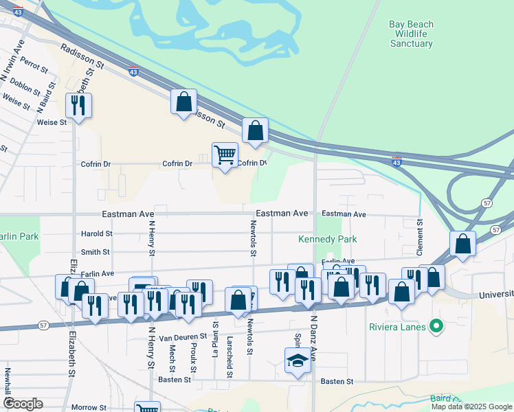map of restaurants, bars, coffee shops, grocery stores, and more near 2006 Eastman Avenue in Green Bay
