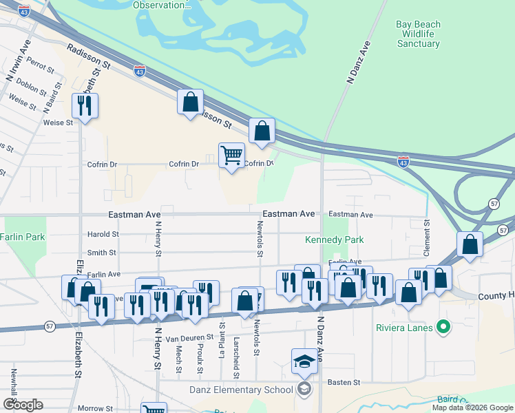 map of restaurants, bars, coffee shops, grocery stores, and more near 2006 Eastman Avenue in Green Bay