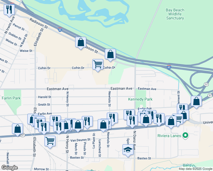 map of restaurants, bars, coffee shops, grocery stores, and more near 2006 Eastman Avenue in Green Bay