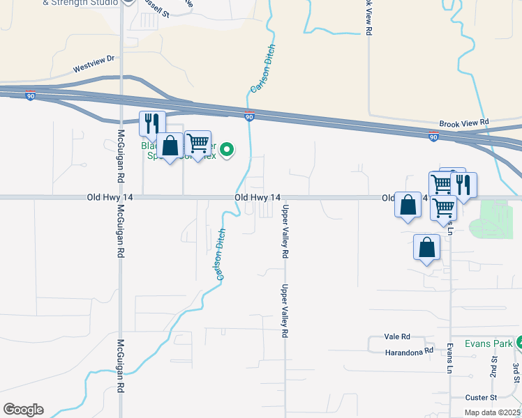 map of restaurants, bars, coffee shops, grocery stores, and more near 301 Old Highway 14 in Spearfish