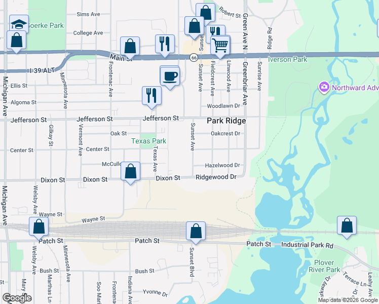 map of restaurants, bars, coffee shops, grocery stores, and more near 20 Hazelwood Drive in Stevens Point