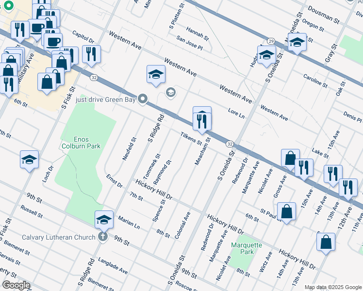 map of restaurants, bars, coffee shops, grocery stores, and more near 831 Raymond Street in Green Bay