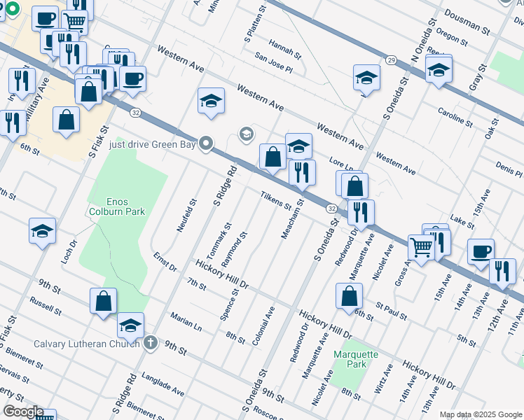 map of restaurants, bars, coffee shops, grocery stores, and more near 831 Raymond Street in Green Bay