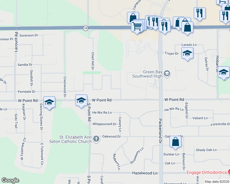 map of restaurants, bars, coffee shops, grocery stores, and more near 1438 Baumgart Road in Green Bay