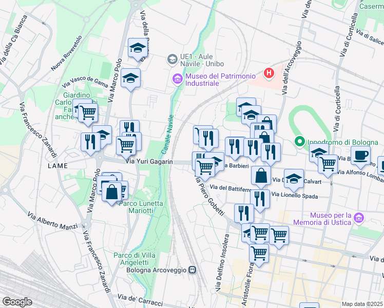map of restaurants, bars, coffee shops, grocery stores, and more near 29 Via Yuri Gagarin in Bologna