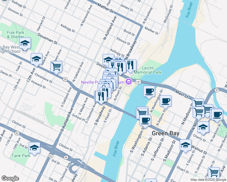 map of restaurants, bars, coffee shops, grocery stores, and more near 133 North Pearl Street in Green Bay