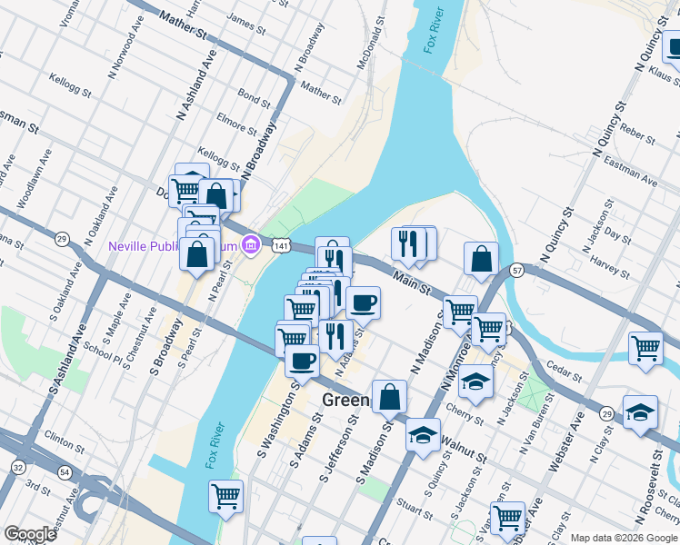 map of restaurants, bars, coffee shops, grocery stores, and more near 335 North Washington Street in Green Bay