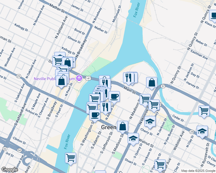 map of restaurants, bars, coffee shops, grocery stores, and more near 401 North Washington Street in Green Bay