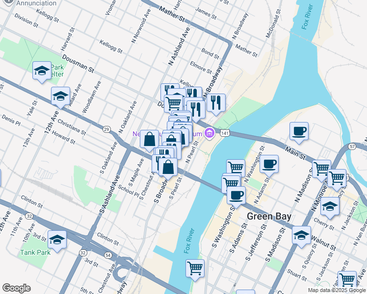 map of restaurants, bars, coffee shops, grocery stores, and more near 400 West Walnut Street in Green Bay