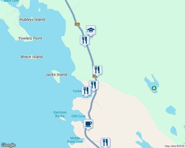 map of restaurants, bars, coffee shops, grocery stores, and more near 8560 Peggys Cove Road in Indian Harbour