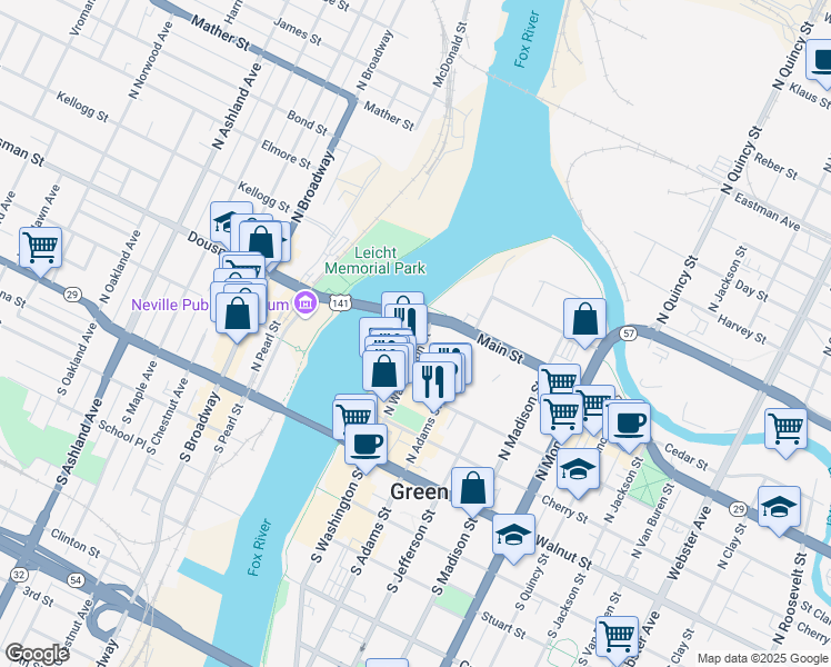 map of restaurants, bars, coffee shops, grocery stores, and more near 335 North Washington Street in Green Bay