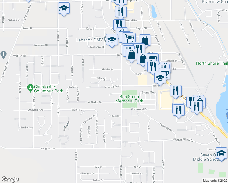 map of restaurants, bars, coffee shops, grocery stores, and more near 47 Sand Ridge Court in Lebanon