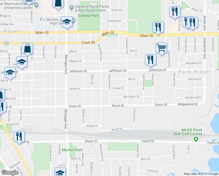 map of restaurants, bars, coffee shops, grocery stores, and more near 1998 Vermont Avenue in Stevens Point