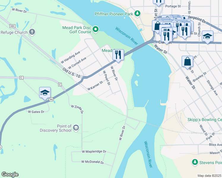 map of restaurants, bars, coffee shops, grocery stores, and more near 1601 West Pearl Street in Stevens Point