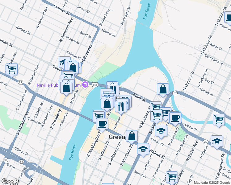 map of restaurants, bars, coffee shops, grocery stores, and more near 335 North Washington Street in Green Bay