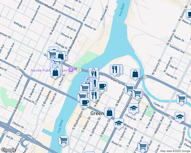 map of restaurants, bars, coffee shops, grocery stores, and more near 335 North Washington Street in Green Bay