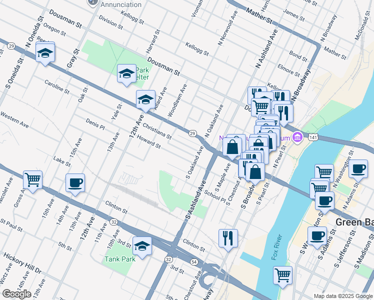 map of restaurants, bars, coffee shops, grocery stores, and more near 134 South Oakland Avenue in Green Bay