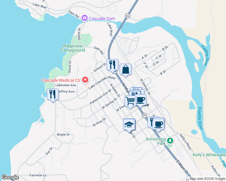 map of restaurants, bars, coffee shops, grocery stores, and more near 306 North School Street in Cascade