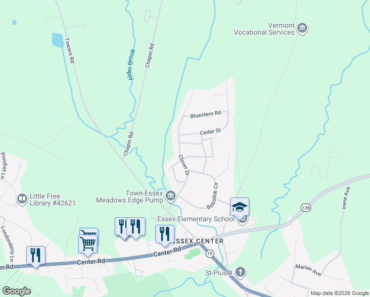 map of restaurants, bars, coffee shops, grocery stores, and more near 1 Thrush Lane in Essex